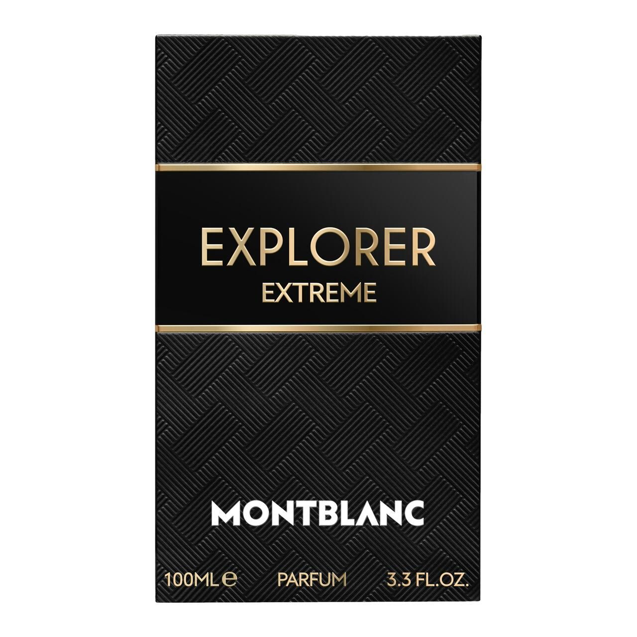 Confezione nera con scritta dorata: EXPLORER EXTREME. Logo Montblanc. Texture nera intrecciata.