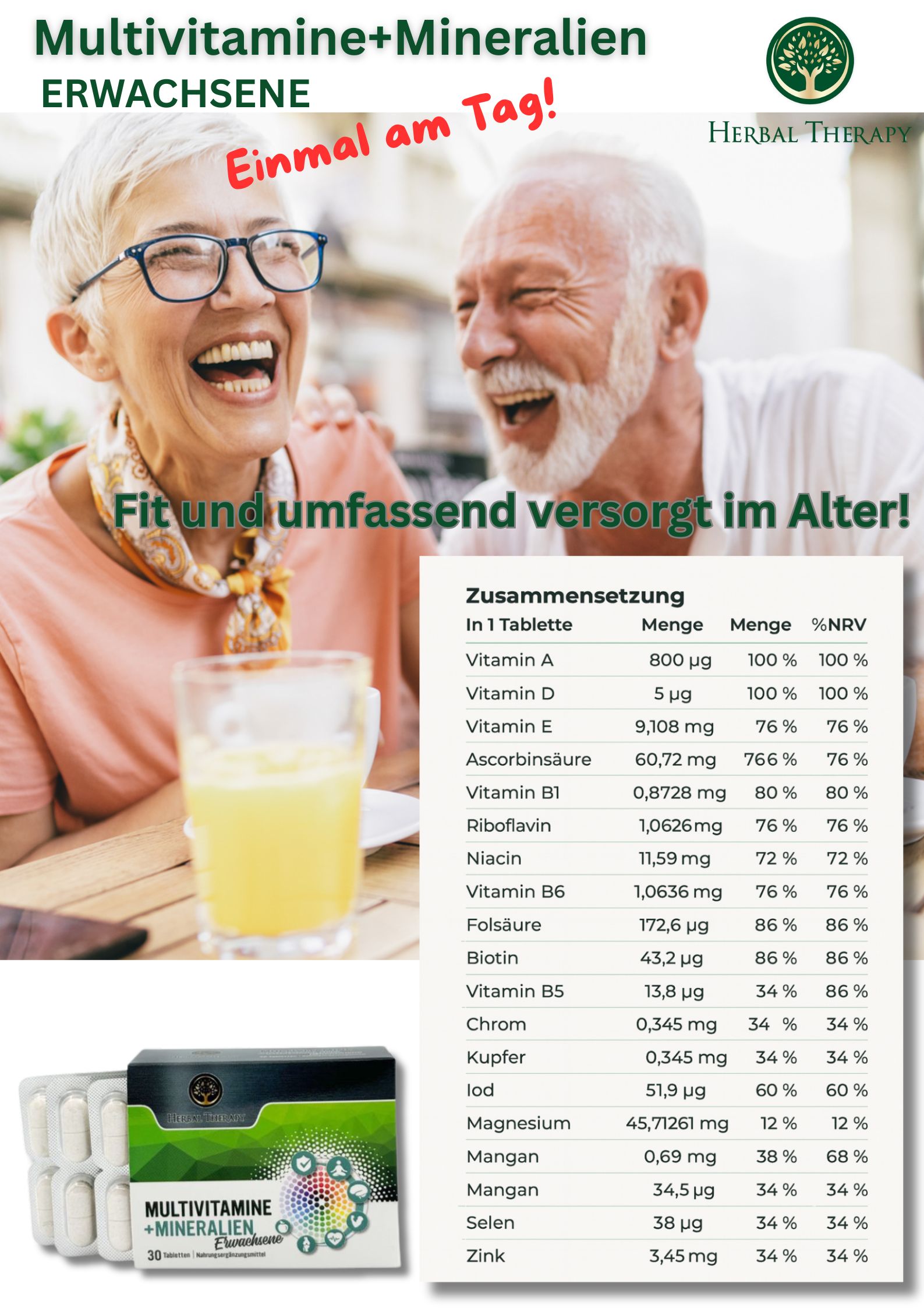 Immagine pubblicitaria con coppia anziana e prodotto. Tabella composizione vitamine e minerali. Confezione prodotto in basso a sinistra.