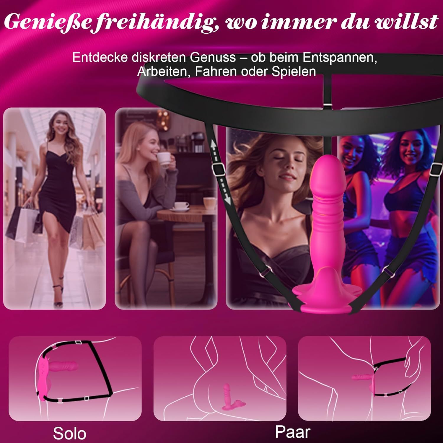 Dildo rosa con imbracatura. Le illustrazioni mostrano le possibilità di utilizzo. Testo: piacere, rilassarsi, giocare.