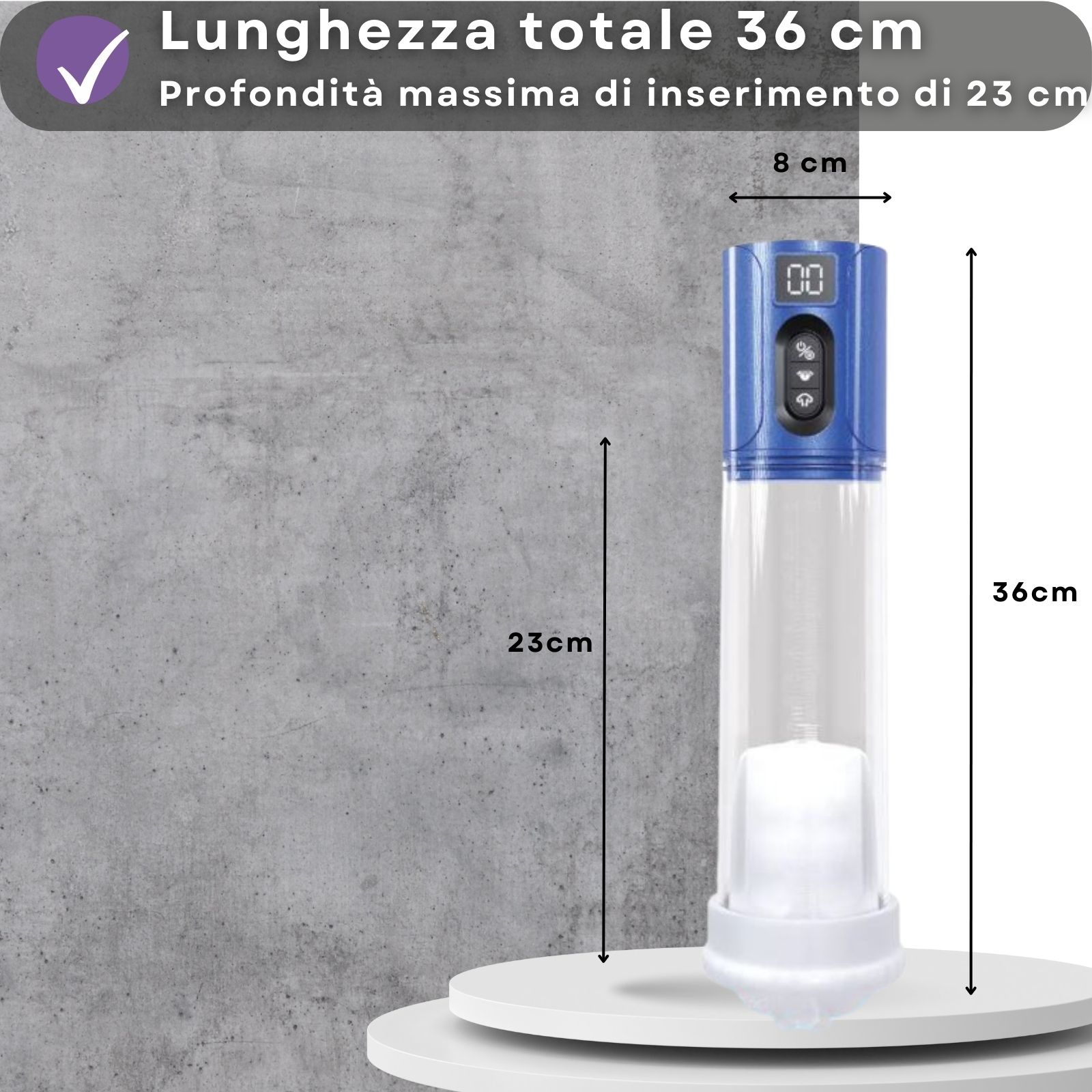 Pompa per pene con dimensioni: 36cm lunghezza, 23cm profondità, 8cm larghezza. Display digitale.