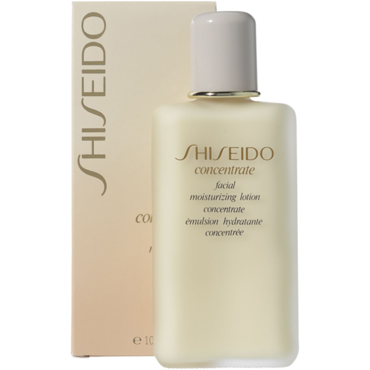 Flacone e scatola beige. Scritta: SHISEIDO concentrate facial moisturizing lotion concentrate émulsion hydratante concentrée. Scatola con logo.