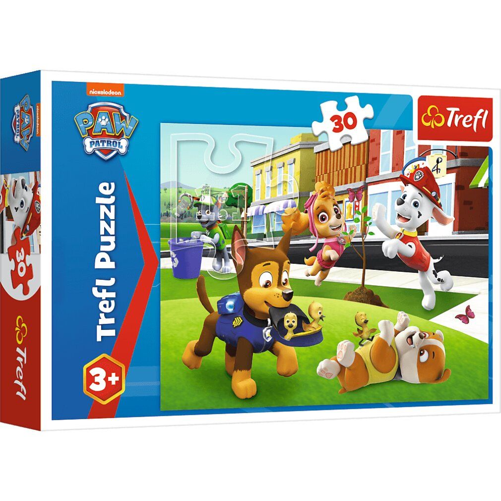 Scatola puzzle Paw Patrol. Stampa: 30 pezzi, logo Trefl. Rappresentati cani in azione. Età consigliata: 3+.