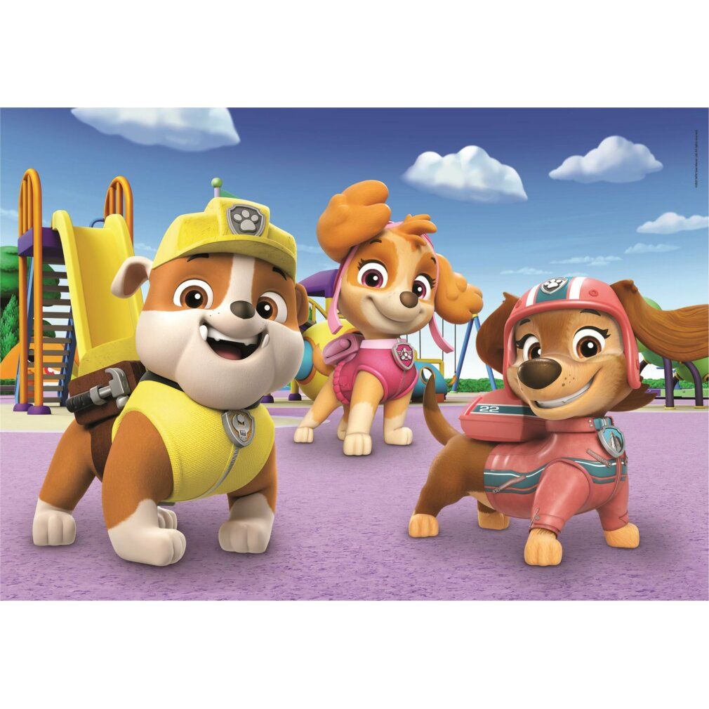 Tre personaggi di Paw Patrol su un parco giochi. Cane giallo, cane rosa, cane marrone. Sfondo: parco giochi con scivolo e cielo nuvoloso.