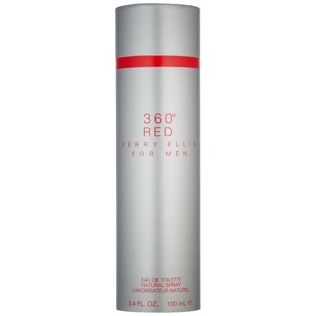 Confezione argentata con fascia rossa e scritta: 360° RED PERRY ELLIS FOR MEN. In basso: Eau de Toilette.