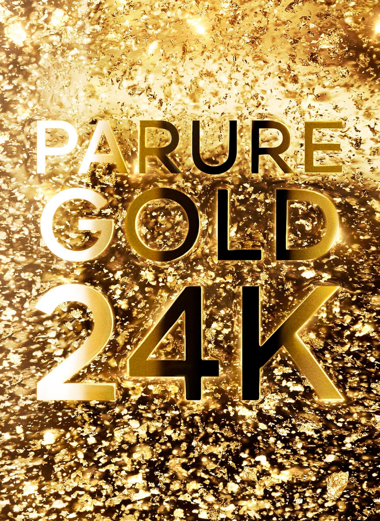 Sfondo dorato con le parole PARURE GOLD 24K. Lettere dorate e nere.