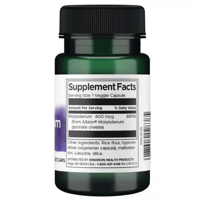 Retro del flacone verde. Etichetta con informazioni nutrizionali: Molibdeno 400 mcg. Ingredienti: farina di riso, ipromellosa, L-Leucina.