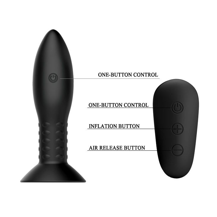 Vibratore anale nero con telecomando. Scritte: One-Button Control, Inflation Button, Air Release Button.