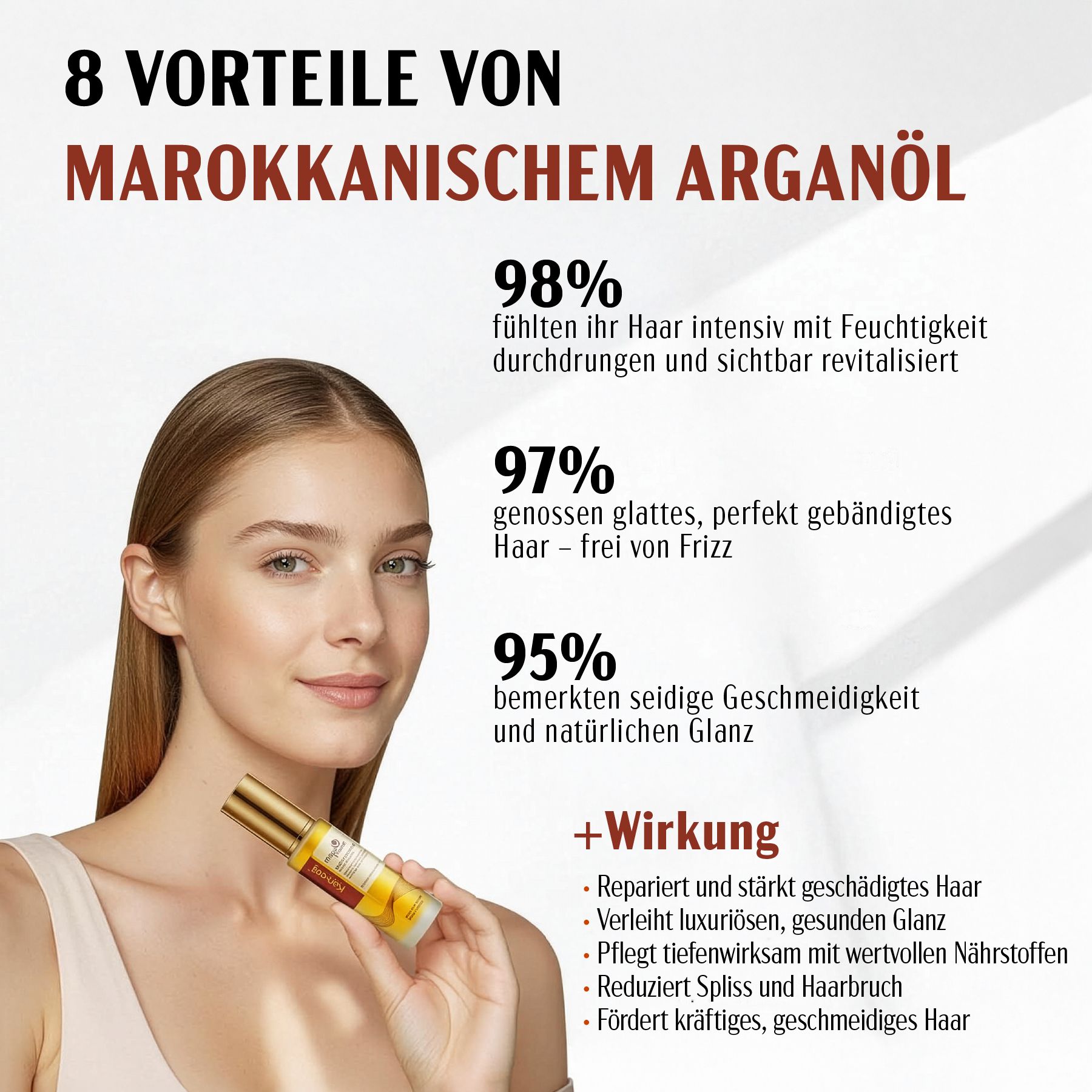 Olio per capelli Karseell. Donna con capelli lucenti. Testo: 8 benefici dell'olio di argan marocchino. Percentuali.