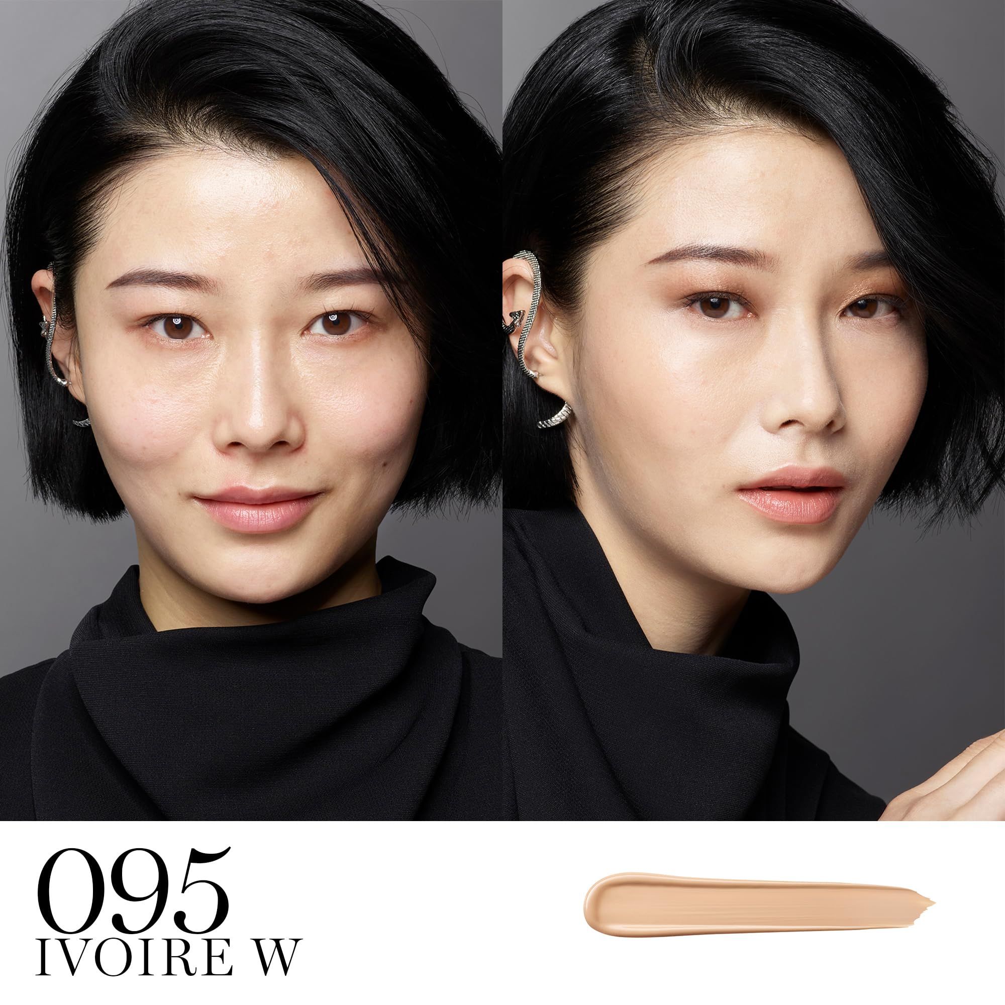 Confronto prima-dopo. Donna truccata. Prodotto: Lancôme Teint Idole Ultra Wear Concealer. Tonalità: 095 Ivoire W. Campione.