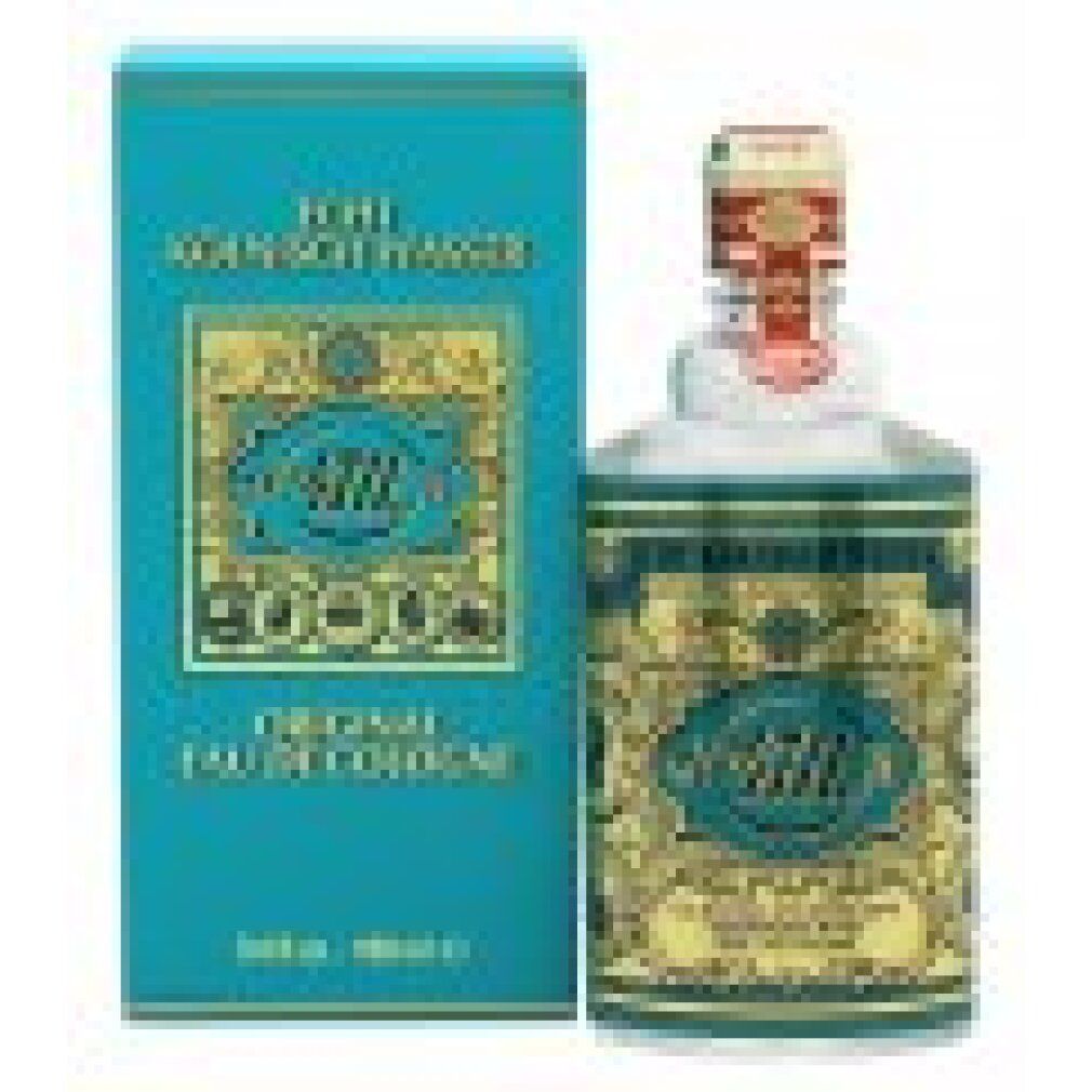 Flacone e scatola di acqua di colonia. Etichette turchesi e dorate. Scritta: "4711 Original Eau de Cologne".