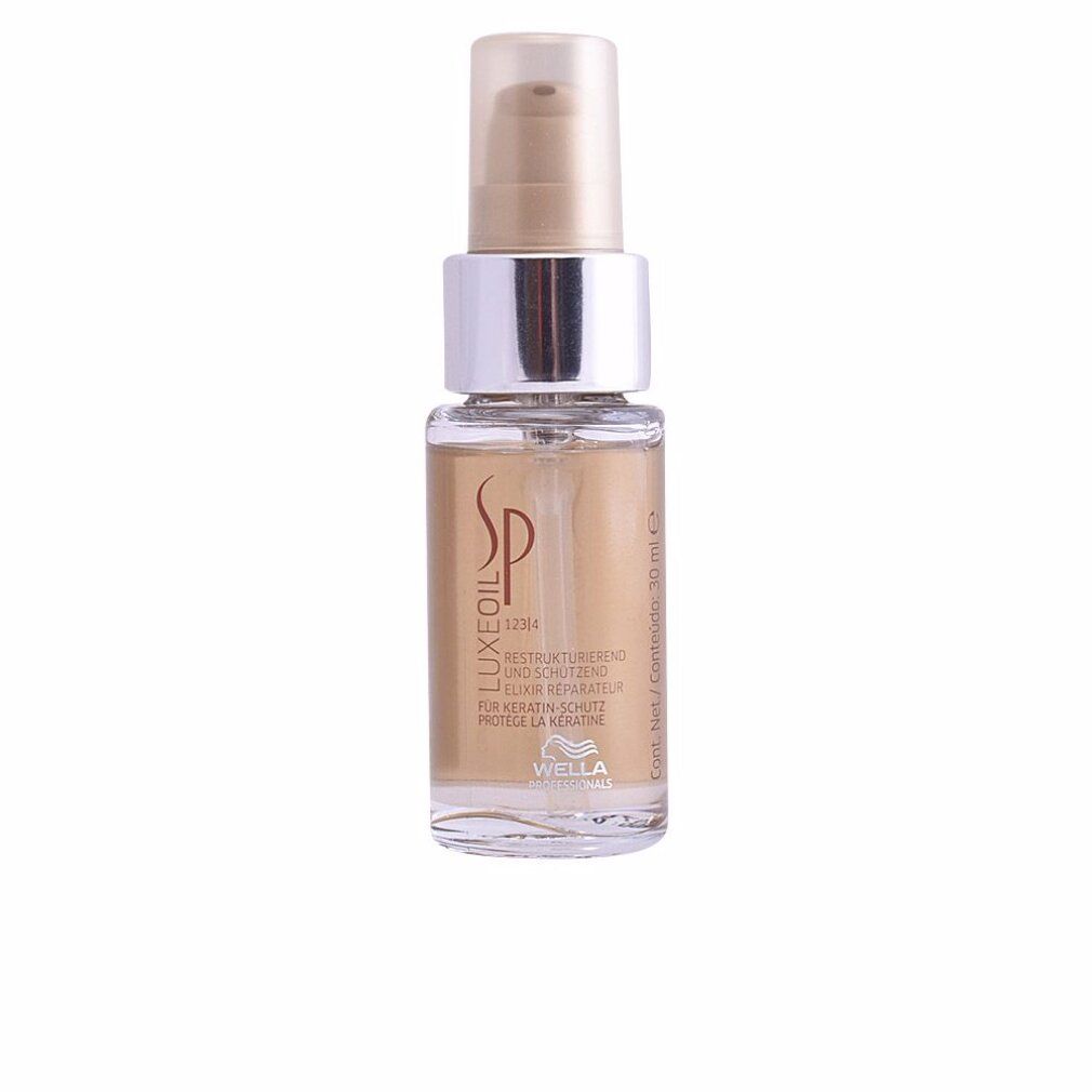 Piccolo flacone trasparente con contenuto dorato. Scritta: SP LuxeOil. Marchio: Wella Professionals. Volume: 30 ml.