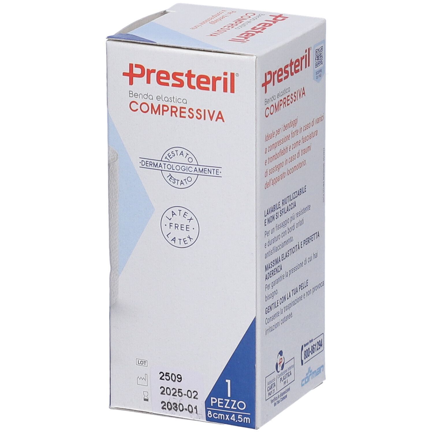 Confezione di Presteril Benda Elastica Compressiva. Dermatologicamente testato. 8cm x 4,5m. 1 pezzo.
