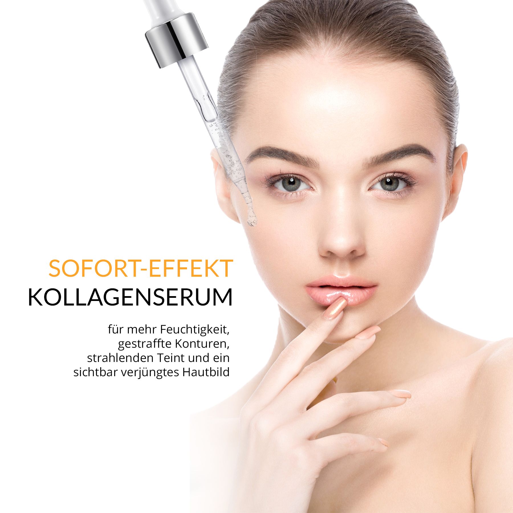 Donna con viso. Applicazione del siero. Testo: Effetto immediato Siero al collagene.