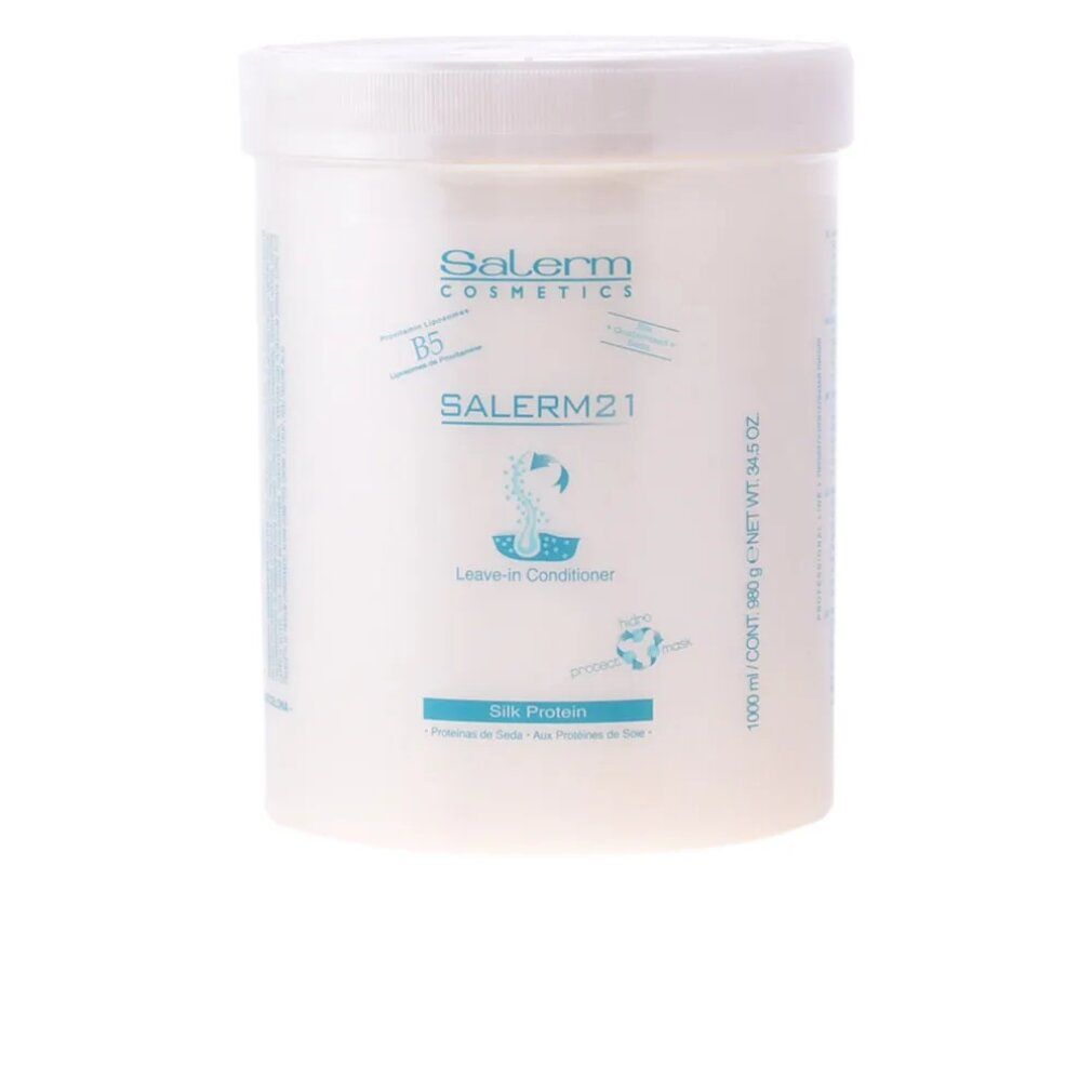 Contenitore bianco con coperchio. Scritte: Salerm Cosmetics, SALERM21, Leave-in Conditioner, Silk Protein. 1000 ml.