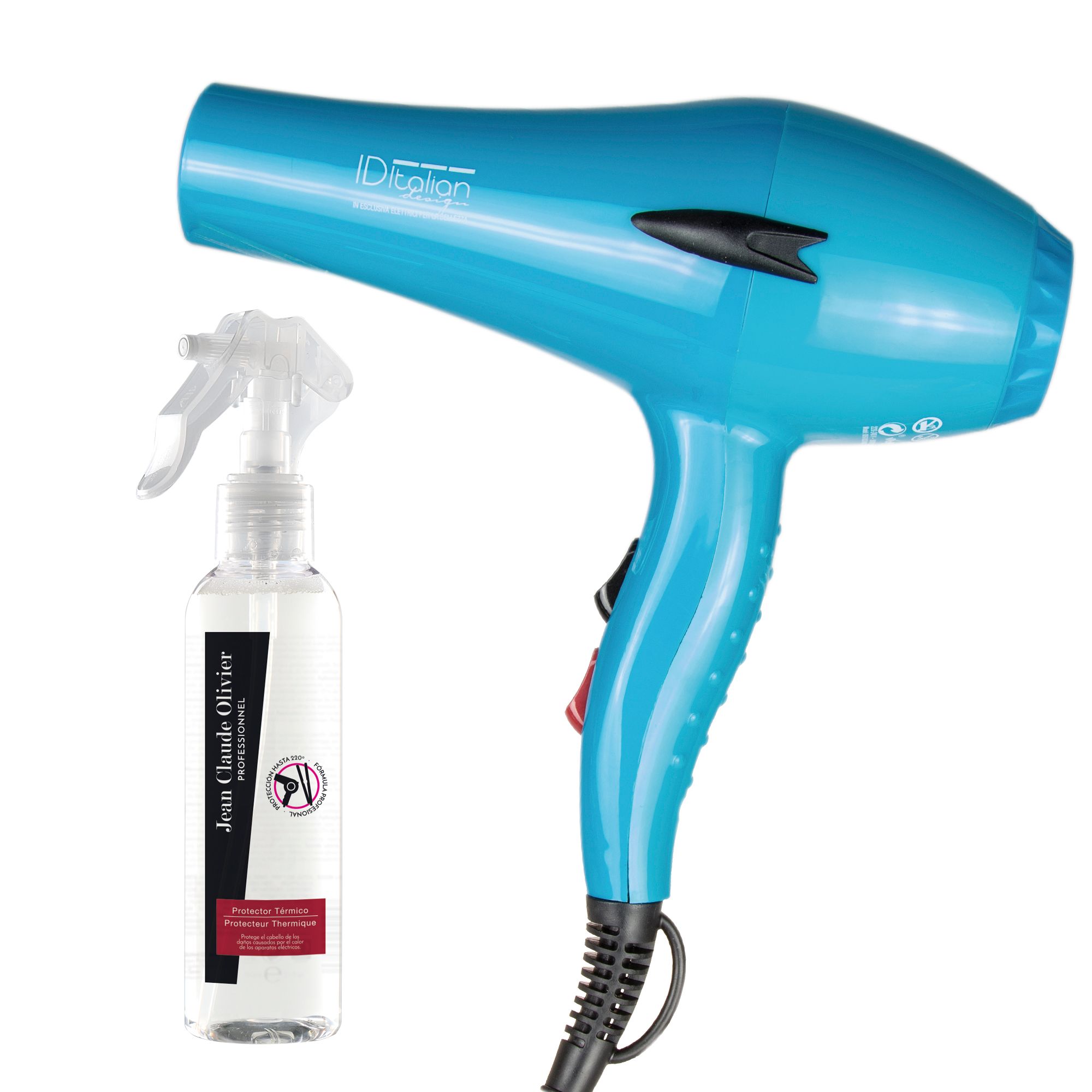 Asciugacapelli blu con flacone spray.