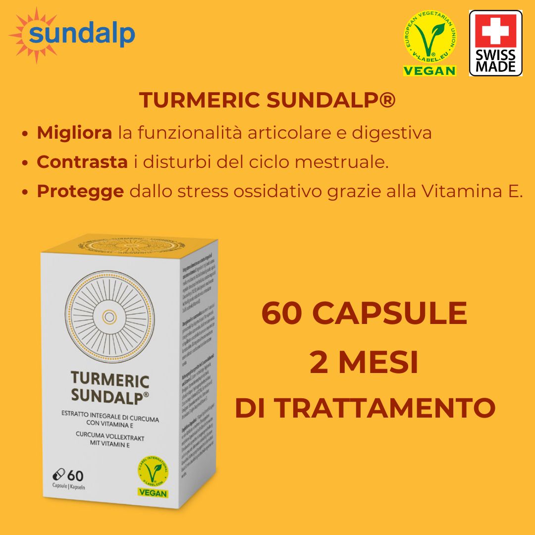 Confezione del prodotto con testo: TURMERIC SUNDALP, 60 capsule, 2 mesi di trattamento. Sigillo vegano. Sfondo giallo.