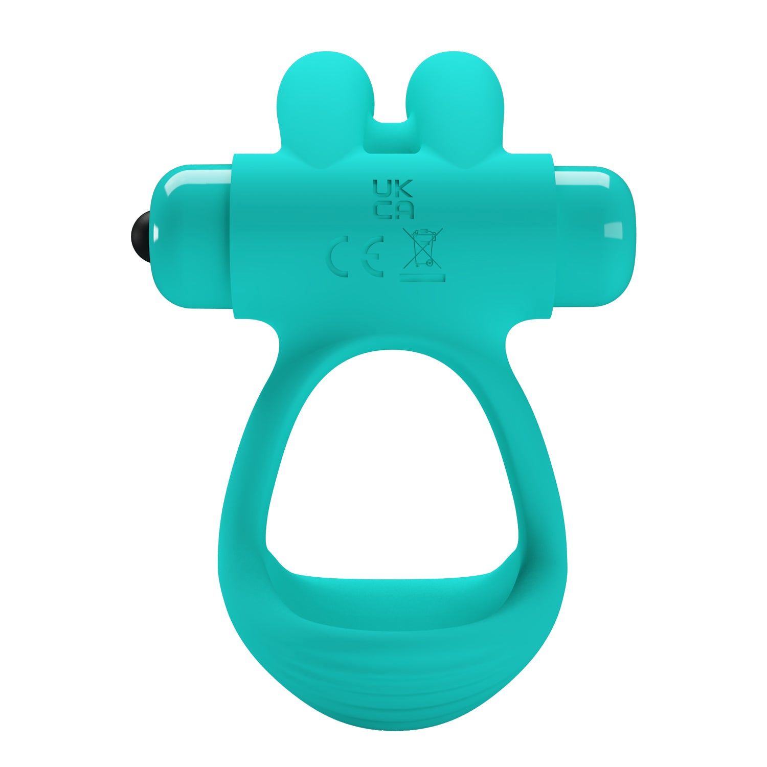 Anello turchese con due orecchie e un elemento rotondo. Pulsante nero sulla parte superiore. Marchio CE.