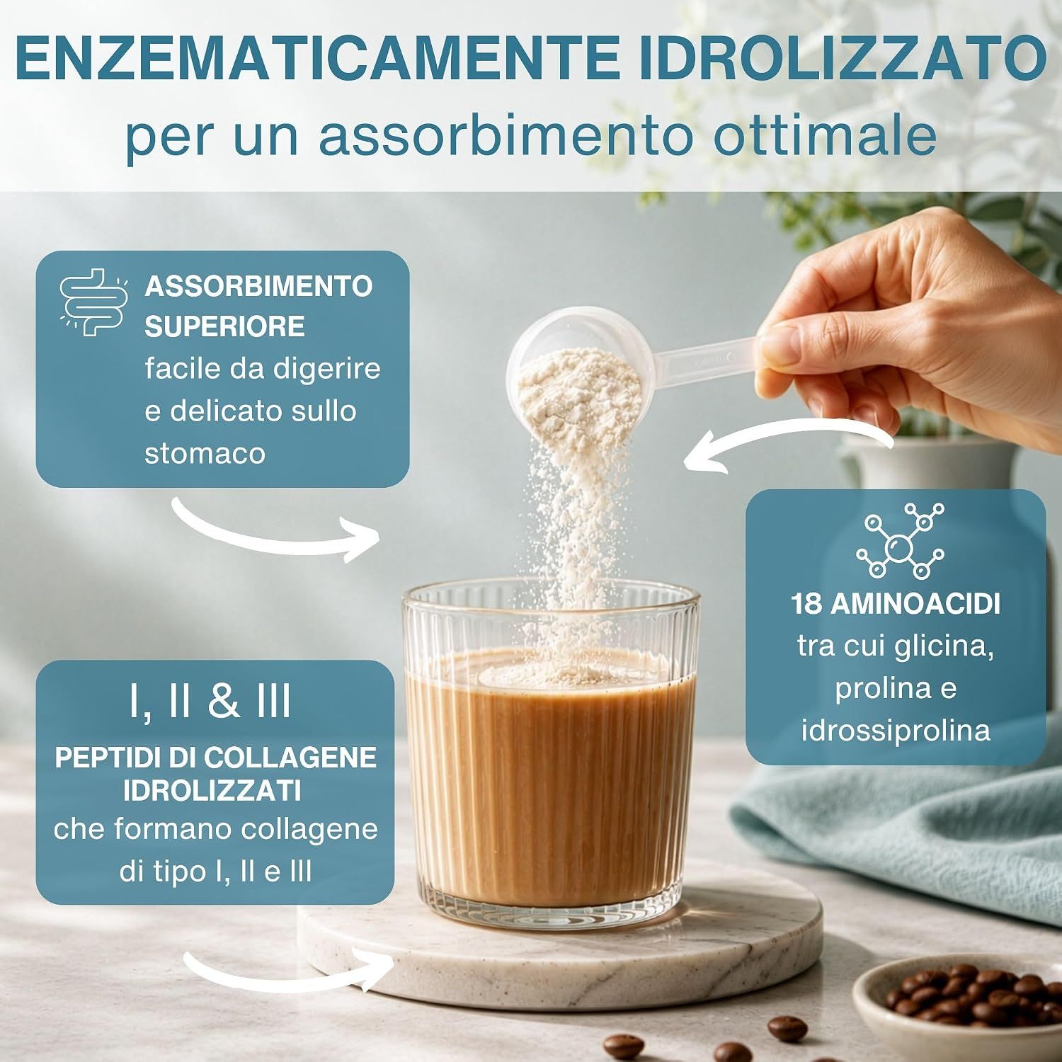 Informazioni nutrizionali per polvere di collagene: energia, grassi, carboidrati, proteine.