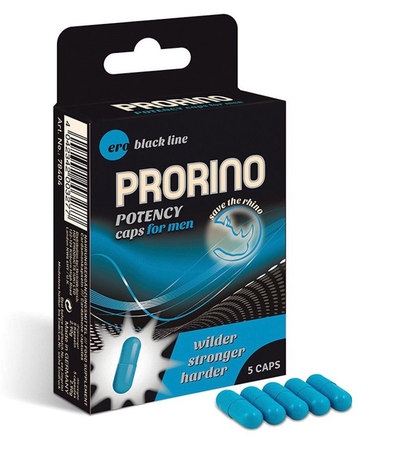 Prorino Potency Caps for men. Scatola nera con dettagli blu. Contiene 5 capsule blu. Testo: "wilder, stronger, harder".