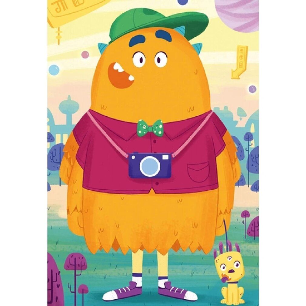 Illustrazione di un mostro con cappello, macchina fotografica e papillon. Il mostro tiene un guinzaglio con un cane. Sfondo: alberi e cielo.