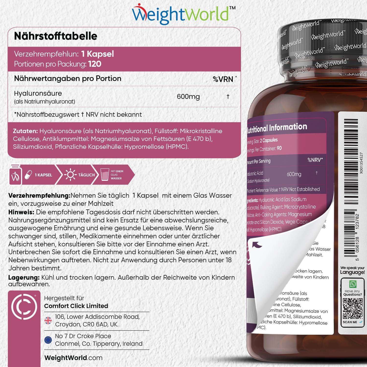 Etichetta con informazioni nutrizionali. Testo: Acido Ialuronico, 600mg. Marchio: WeightWorld.
