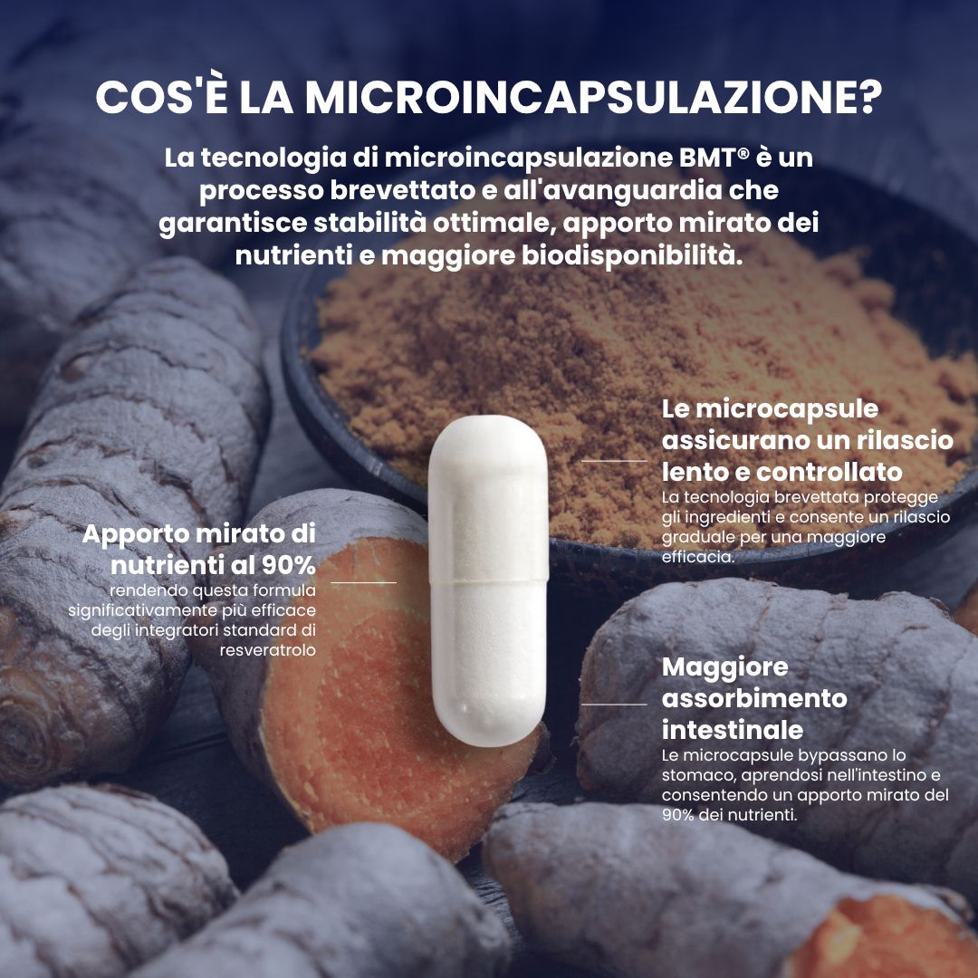 Capsula accanto a curcuma e zenzero. Testo: Cos'è la microincapsulazione? Apporto mirato di nutrienti al 90%.
