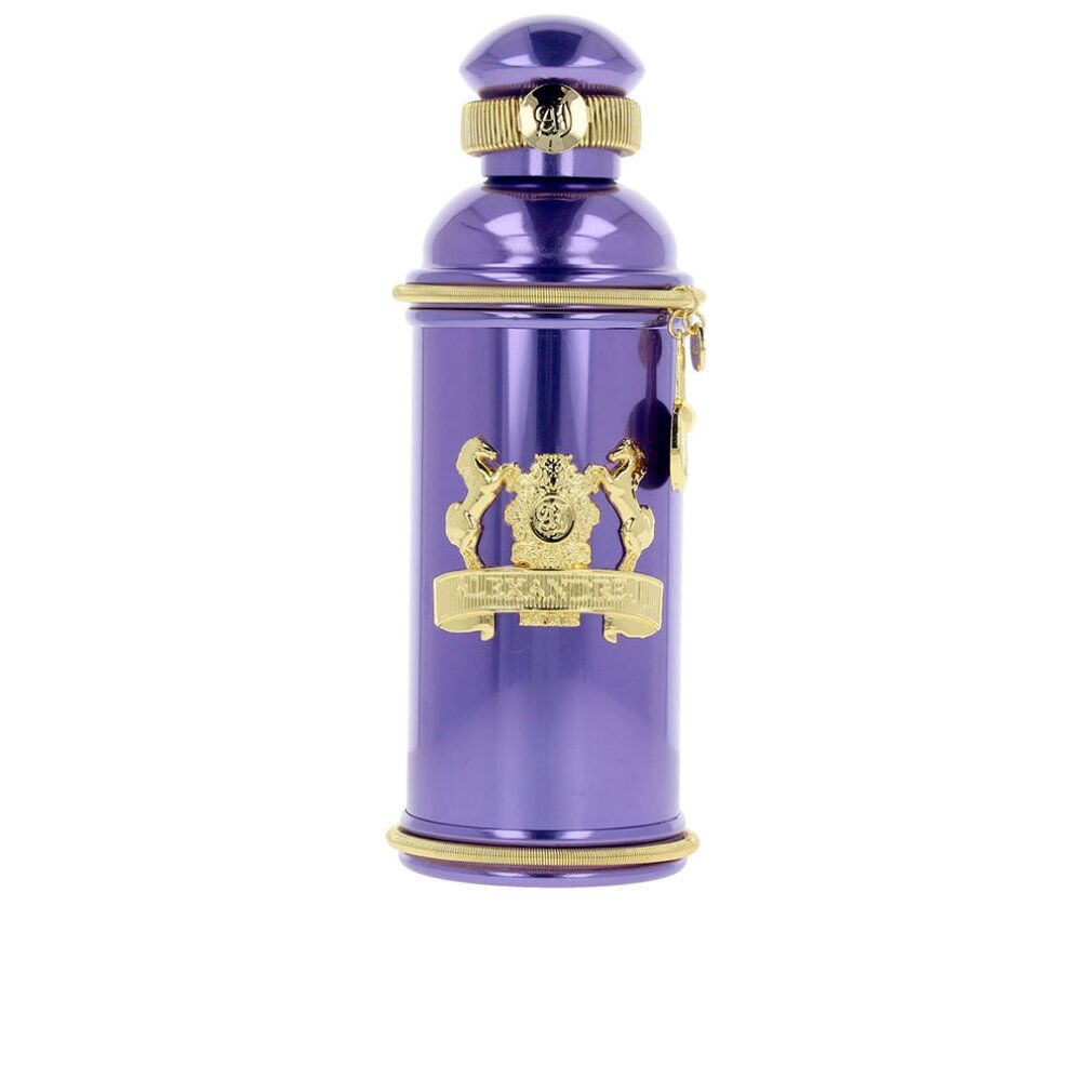 Flacone di profumo viola con ornamenti dorati. Logo e scritta. Scritta: Alexandre.j The Collector.