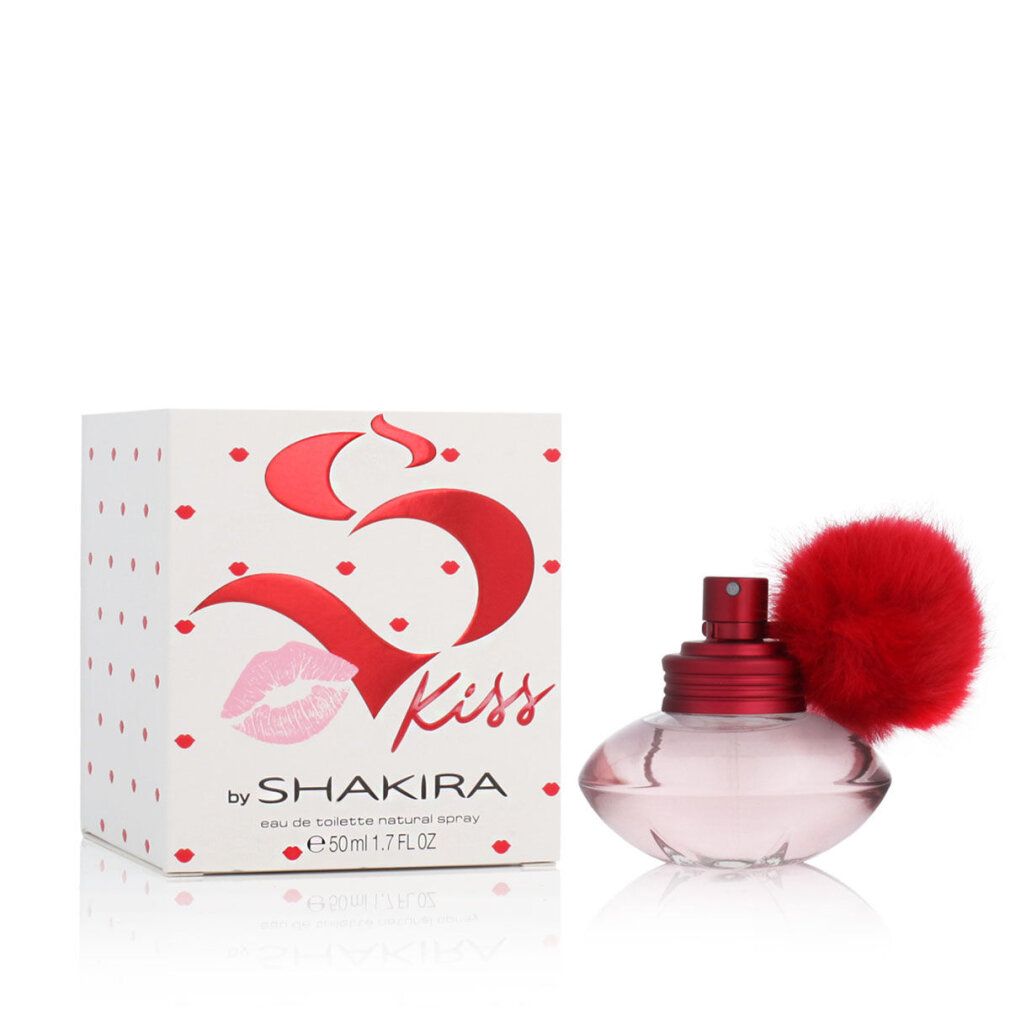 Spray Eau de Toilette con pompon rosso. Confezione con scritta "Kiss by Shakira". Flacone rosa e scatola.