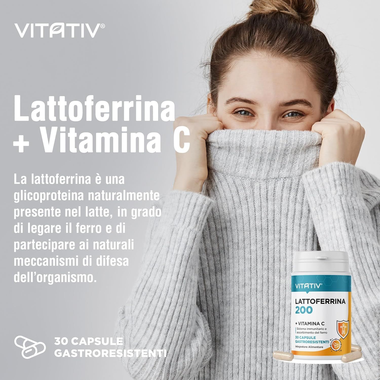 Vitativ® Lattoferrina 200 Immuno + Vitamina C - 30 Capsule Gastroresistenti
