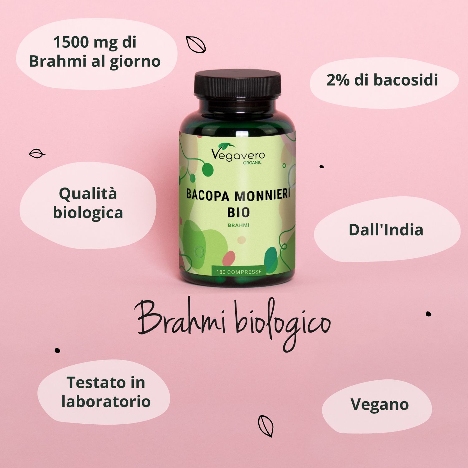 Bottiglia BIO BRAHMI su sfondo rosa. Testo: 1500 mg Brahmi al giorno, 2% di bacosidi, qualità biologica, vegano.