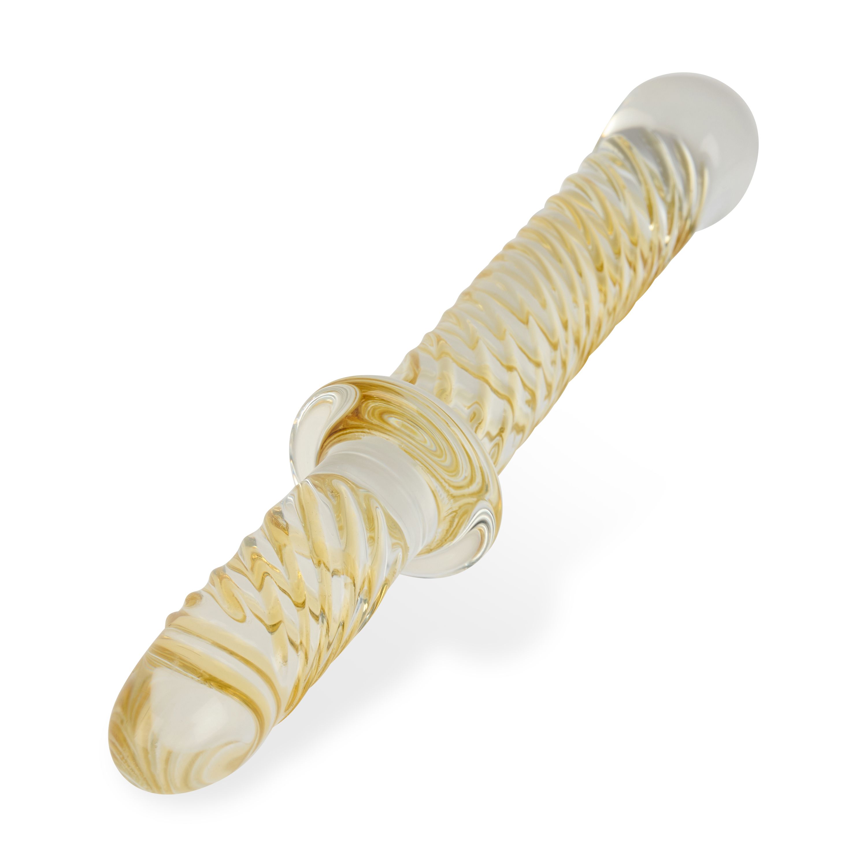 Stimolatore in vetro, superficie scanalata, estremità arrotondate. Design giallo-bianco con anello centrale.