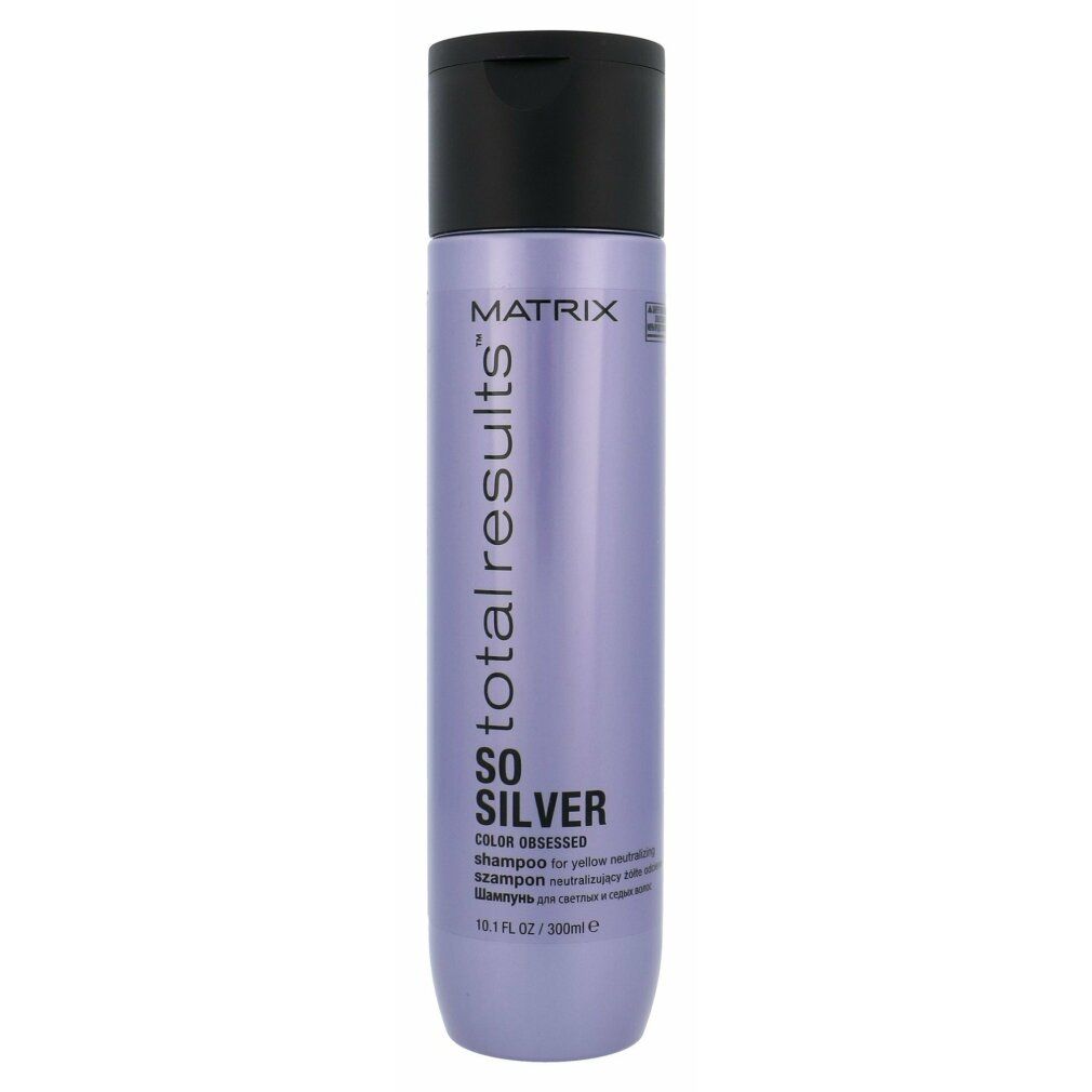 Flacone di shampoo Matrix Total Results So Silver. Flacone viola con tappo nero. Testo: So Silver, Matrix Total Results, Color Obsessed.