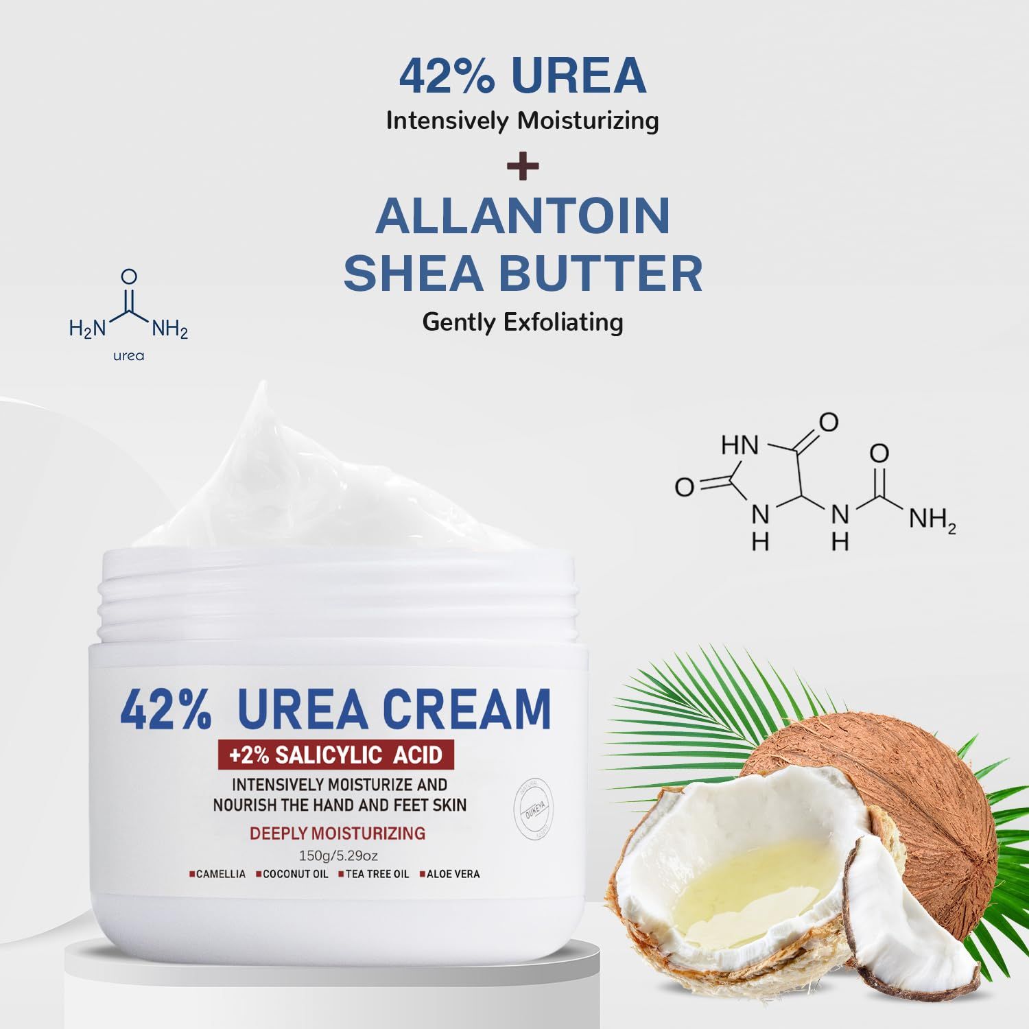 Vaso di crema 42% urea e 2% acido salicilico. Contiene allantoina e burro di karité. Cocco e foglie sullo sfondo.