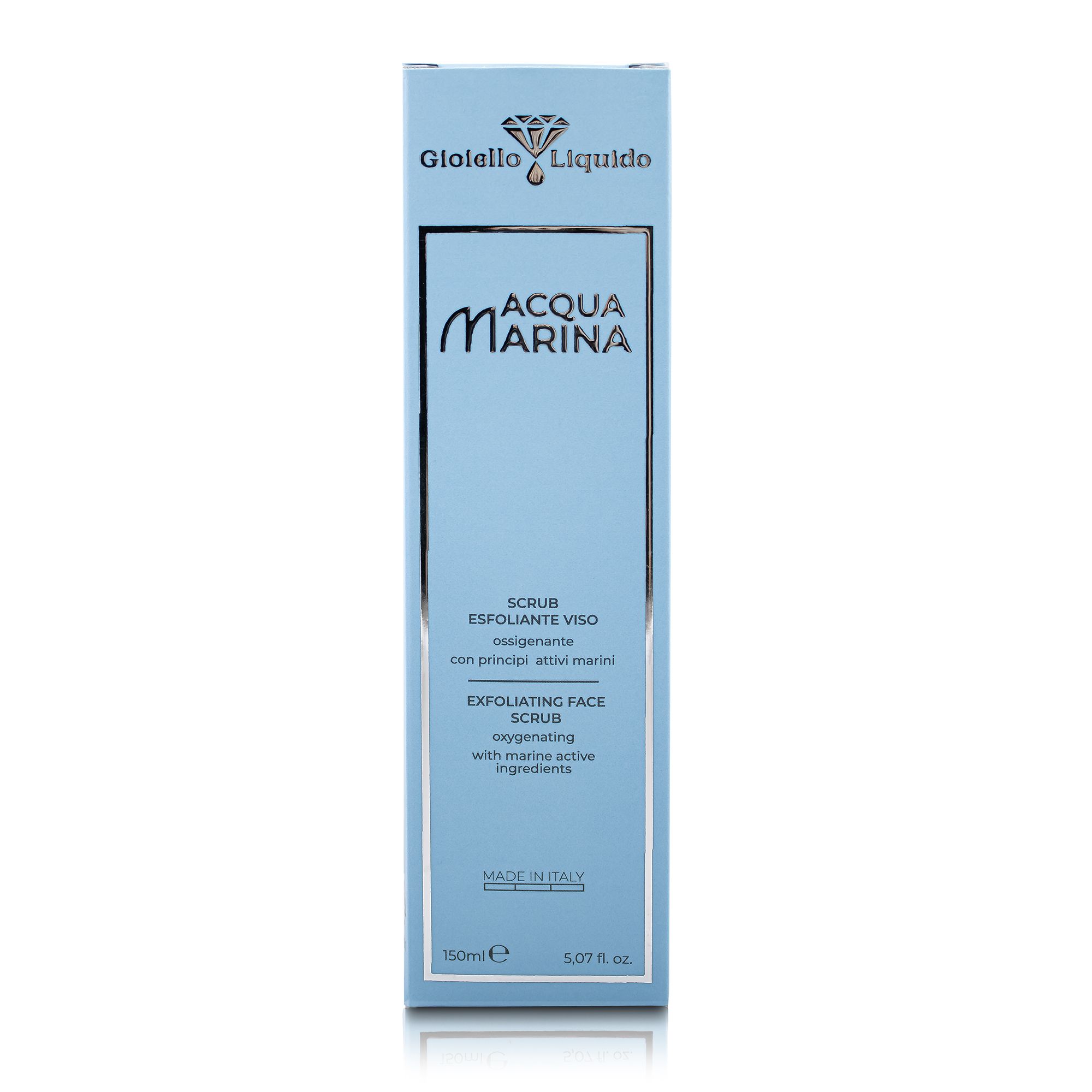 Confezione blu con scritta: Gioiello Liquido, Acqua Marina, Sea Water. Testo: Scrub Esfoliante Viso, Exfoliating Face Scrub.
