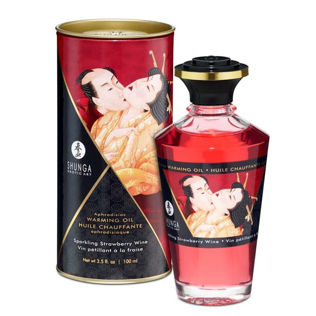 Flacone e scatola rossi con etichette. Scritta: Shunga, Olio riscaldante, aroma fragola. Illustrazione di una coppia che si bacia.