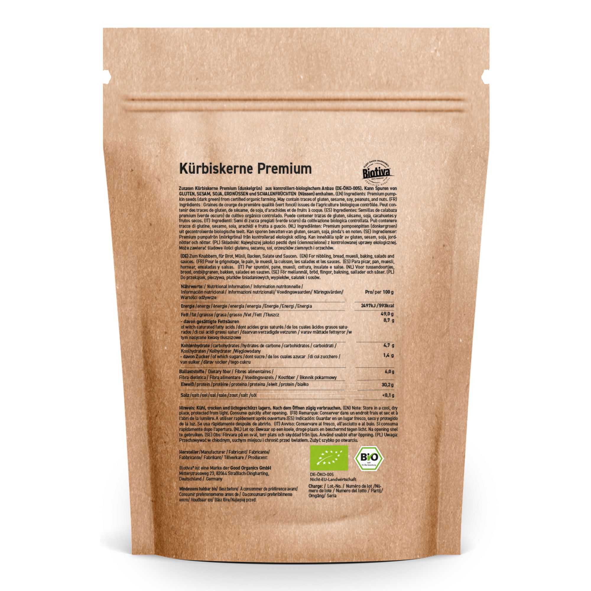 Retro della confezione Bio Biotiva Semi di zucca Premium con informazioni nutrizionali e sigillo Bio.