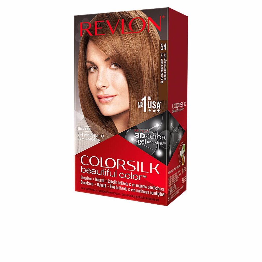 Revlon Colorsilk 54 Light Golden Brown. Confezione con donna con capelli castano chiaro. Testo: Senza ammoniaca, 3D Color Gel Technology.