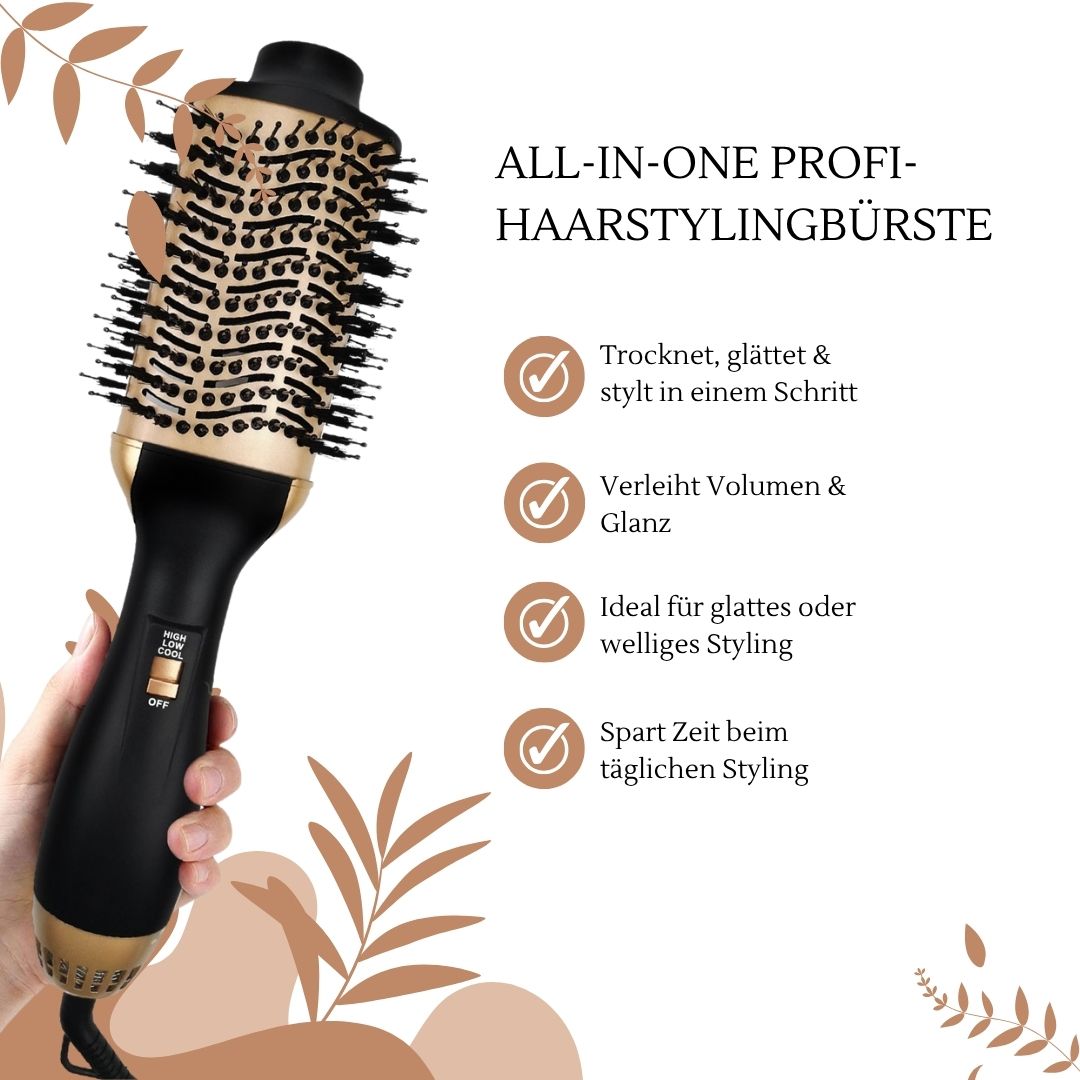 Spazzola per capelli nera e oro. Testo: SPAZZOLA PER STYLING PROFESSIONALE TUTTO-IN-UNO. Vantaggi: asciuga, liscia, dona volume e lucentezza, ideale.