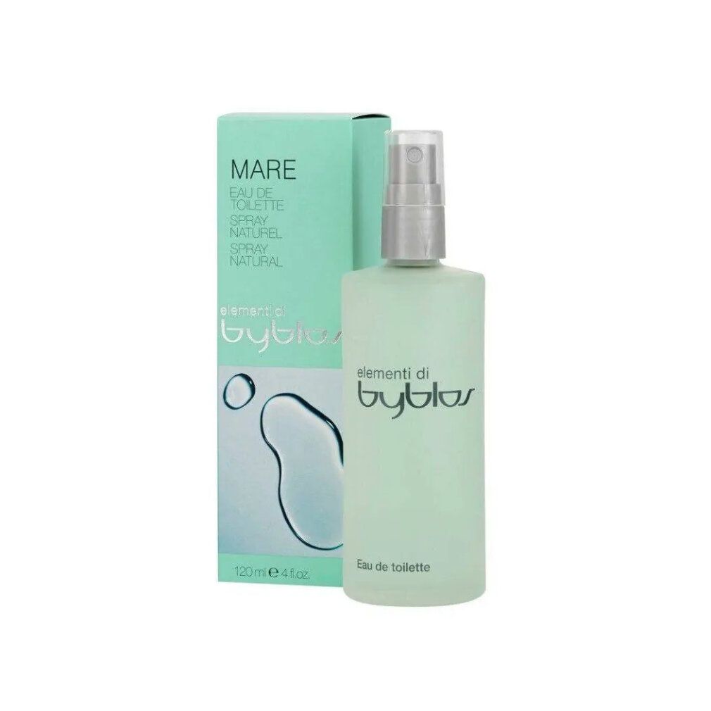 Flacone e scatola verde chiaro. Scritta: Mare Eau de Toilette Spray, elementi di byblos. 120 ml.