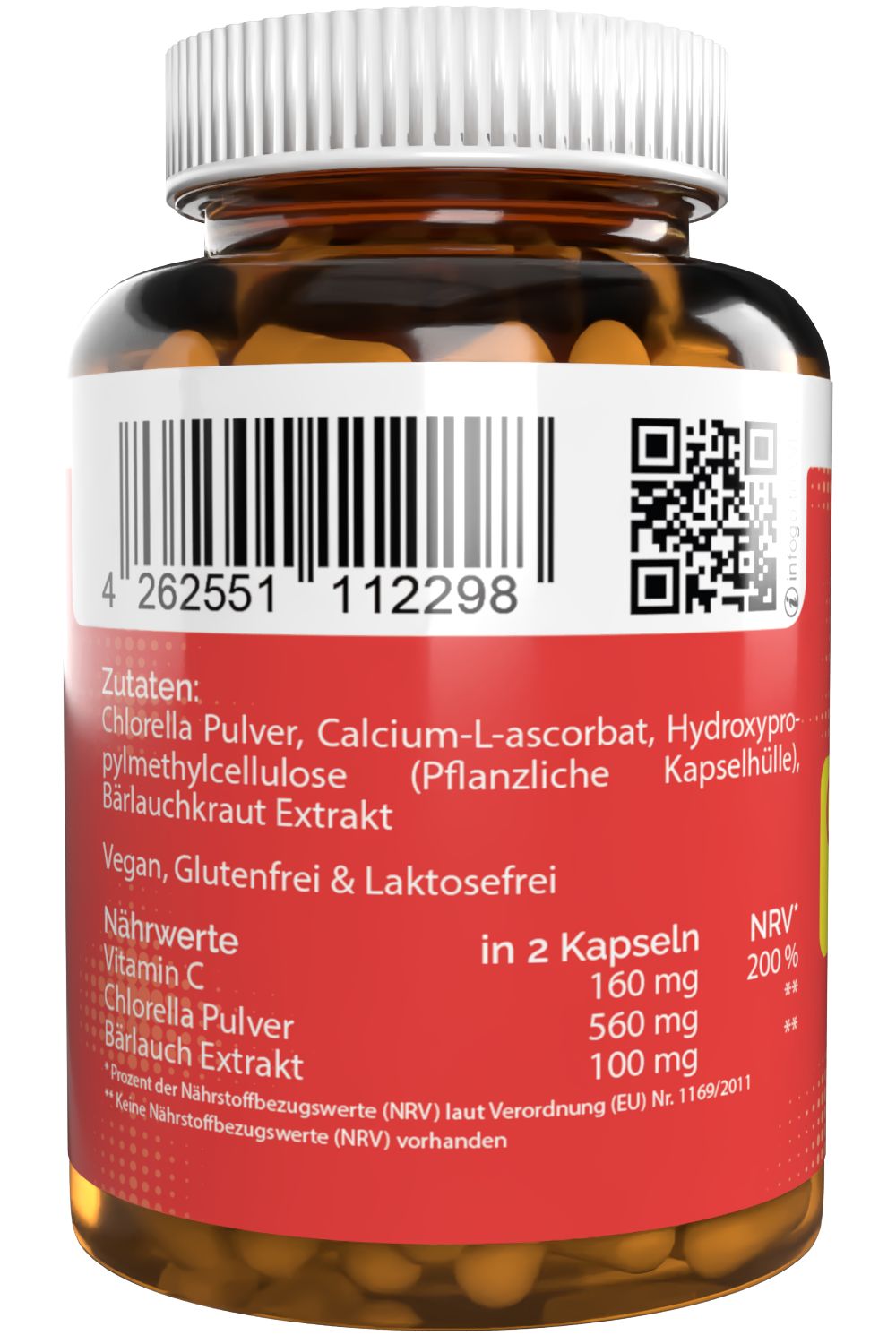 Retro del flacone con elenco ingredienti, codice QR e codice a barre. Contiene polvere di clorella, vitamina C ed estratto di aglio orsino.