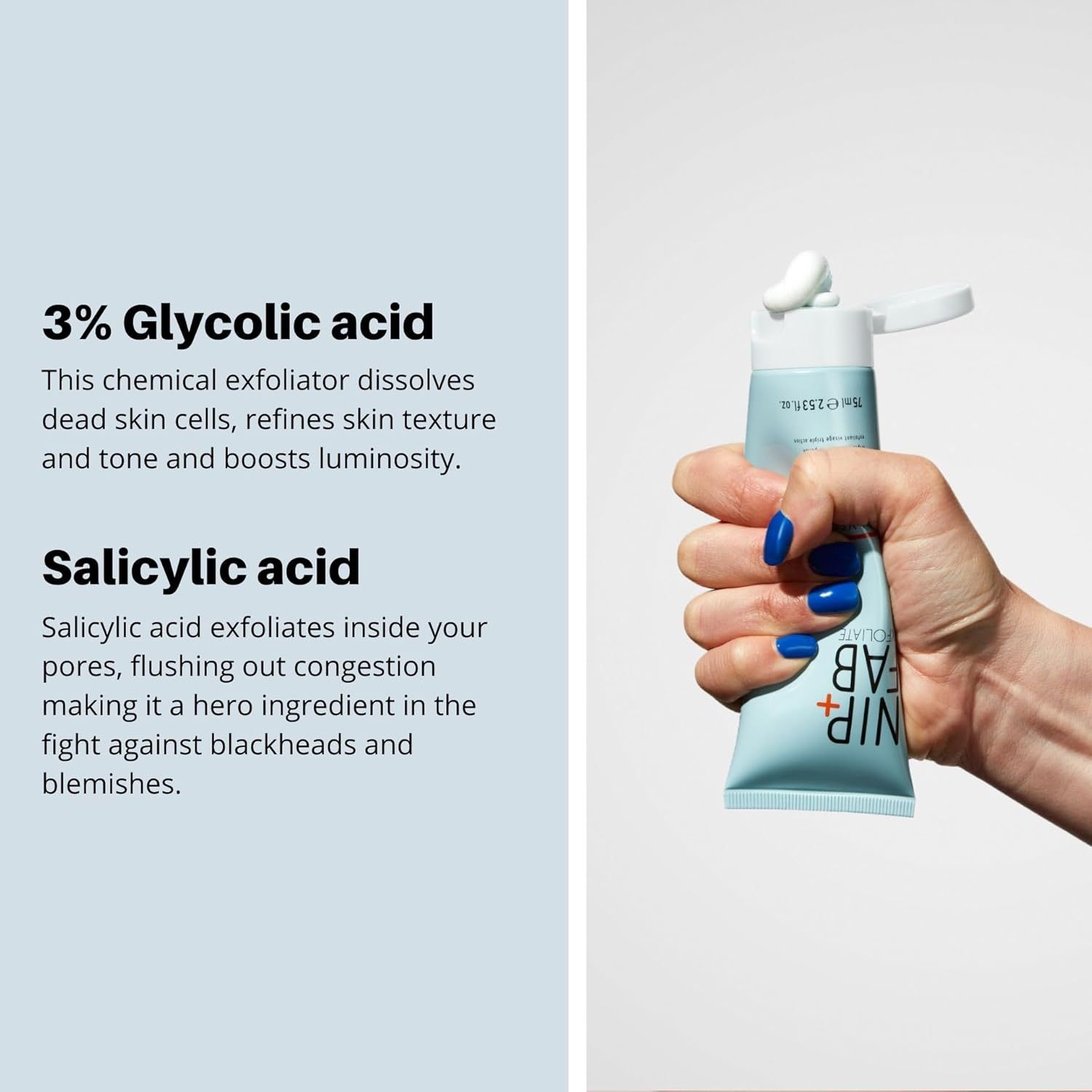 Descrizione del prodotto. 3% Acido glicolico, Acido salicilico. Tubo di prodotto in mano.