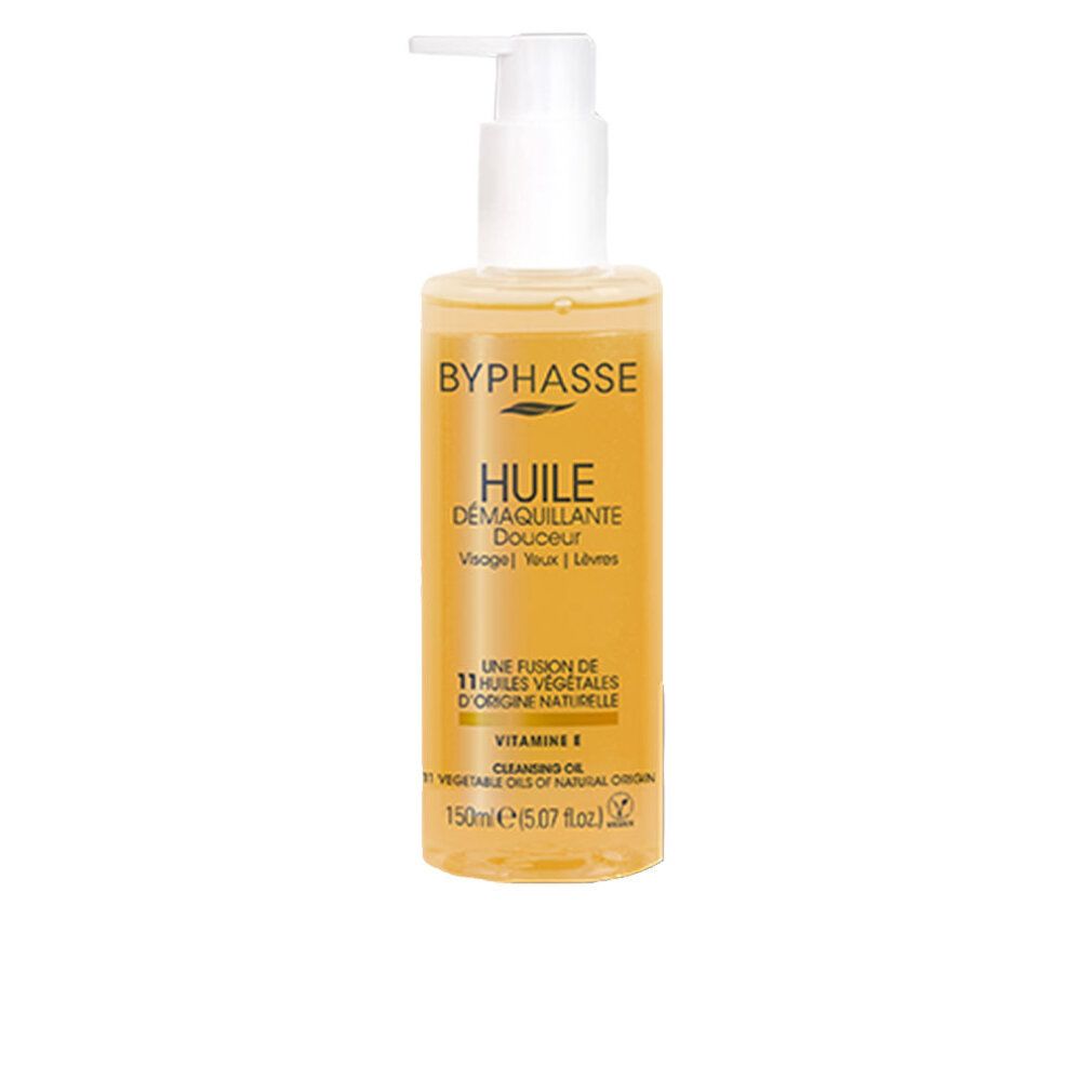 Flacone con dosatore. Scritta: BYPHASSE, HUILE DÉMAQUILLANTE Douceur. Contiene 11 oli vegetali. Con vitamina E. 150ml.