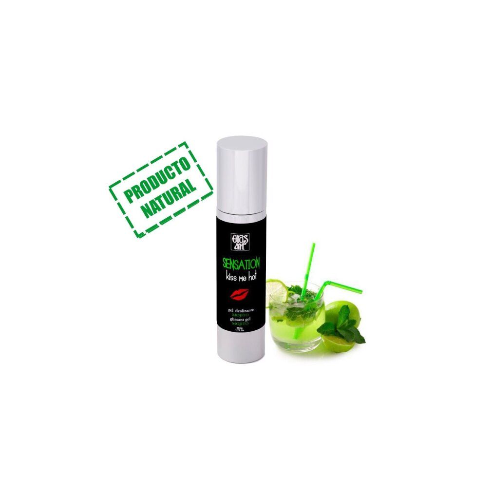 Flacone bianco con etichetta nera. Scritta: Sensation Kiss me hot. Accanto, un cocktail Mojito con lime e menta. Stampa: Producto Natural.
