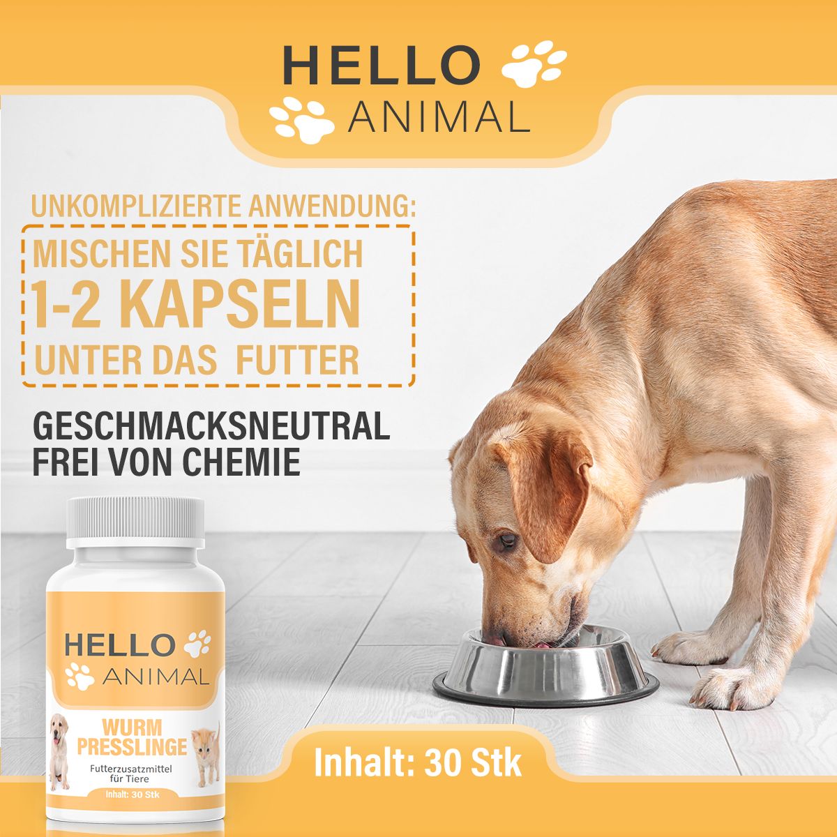 Immagine pubblicitaria con flacone di pillole e cane. Scritta: HELLO ANIMAL, Wurm Presslinge. Uso semplice: mescolare 1-2 capsule con il cibo.