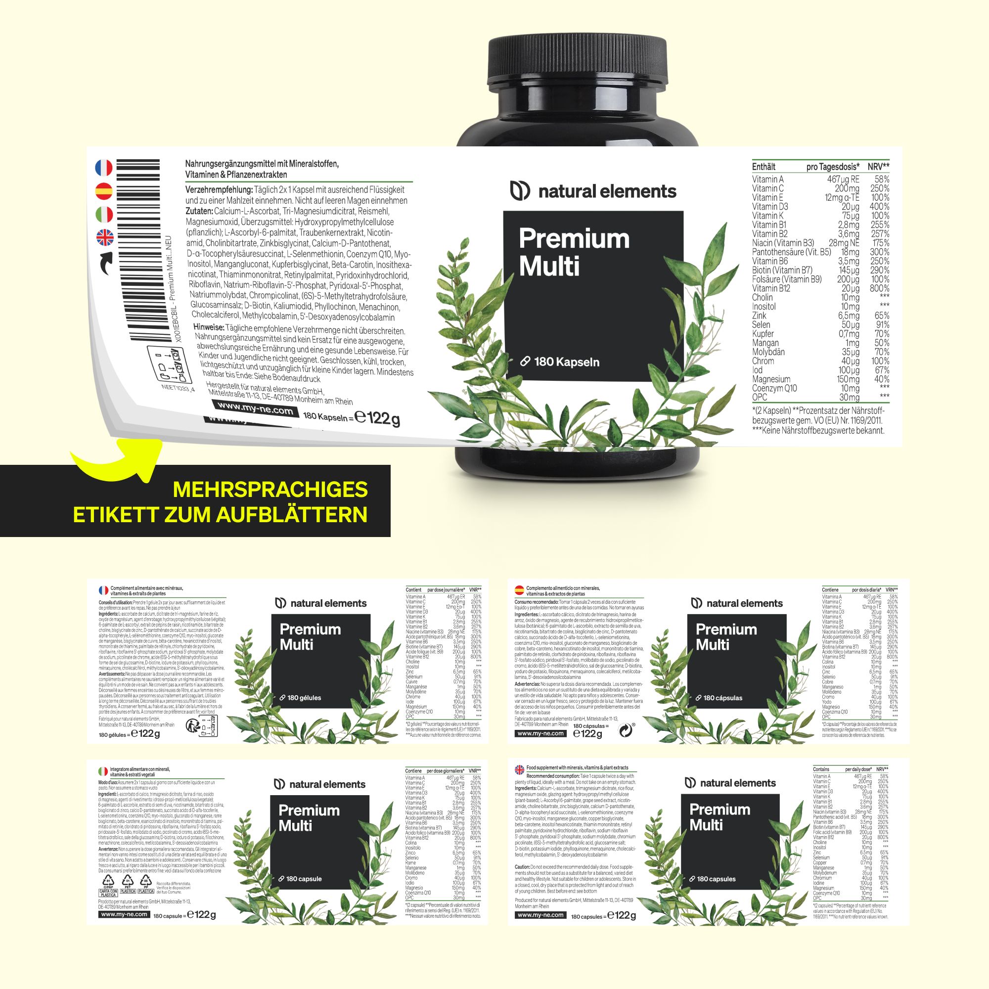 Etichetta del prodotto con informazioni multilingue. Flacone Premium Multi, 180 capsule. Marchio: natural elements.