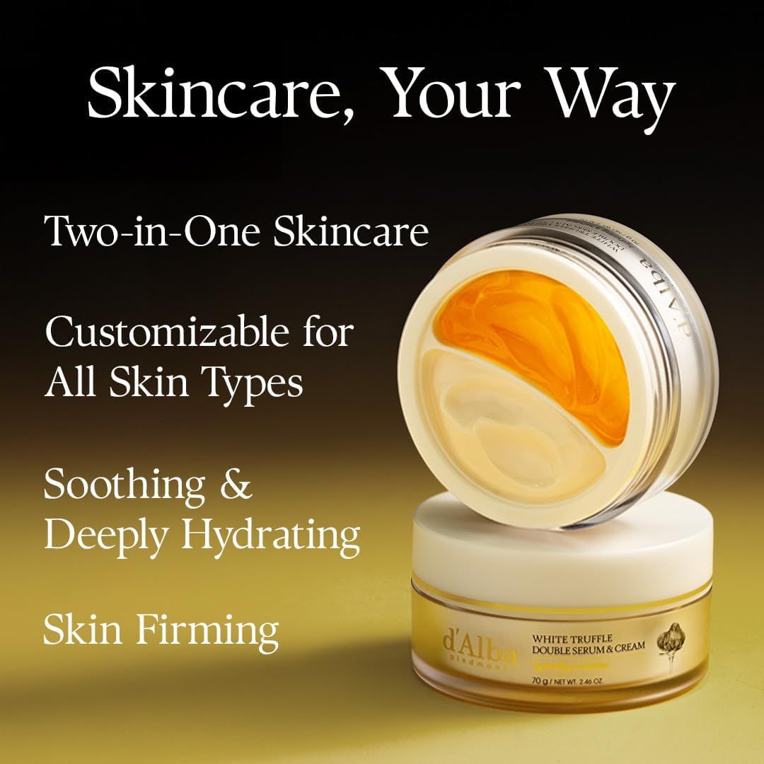 D'Alba White Truffle Double Serum & Cream. Cura della pelle due in uno. Testo: per tutti i tipi di pelle, lenitivo e idratante.