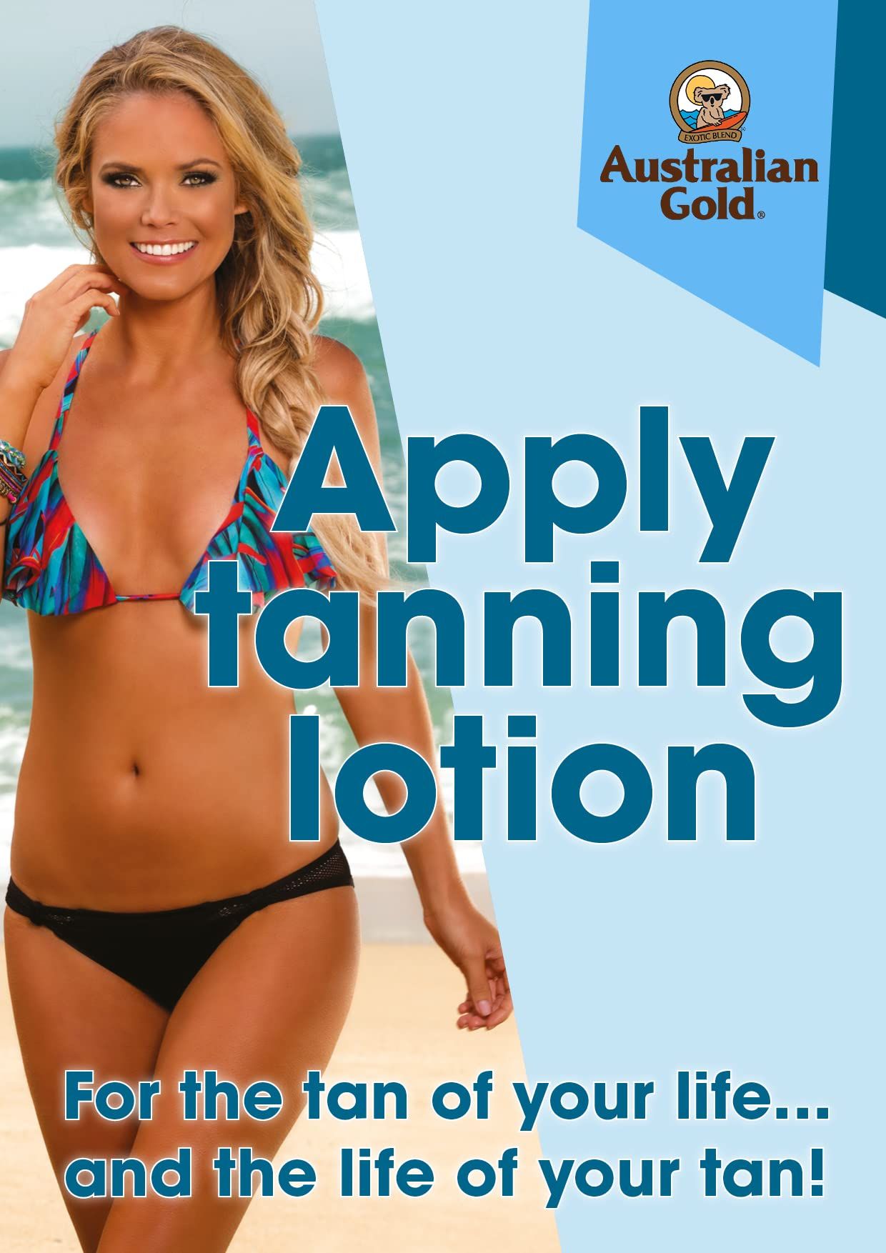 Donna in bikini sulla spiaggia. Testo: Apply tanning lotion. Per l'abbronzatura della tua vita.