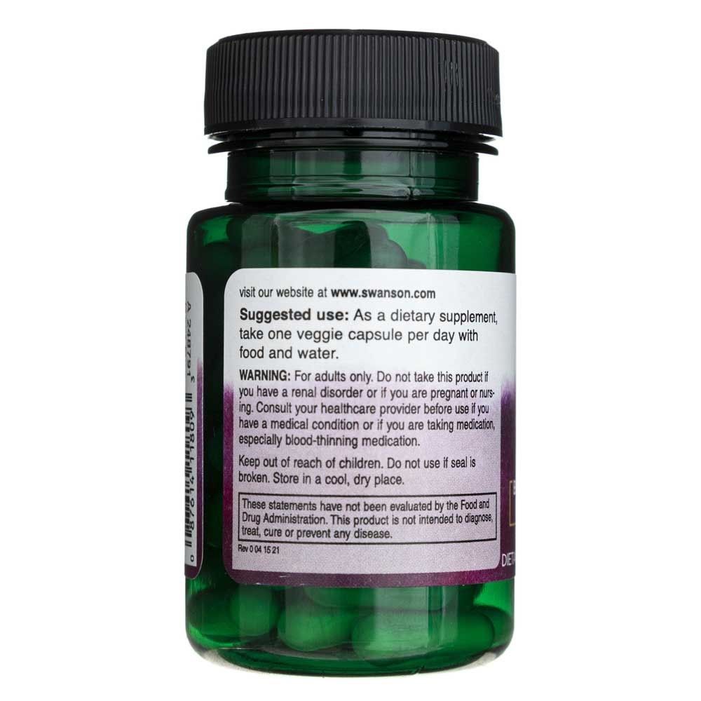 Retro del flacone Swanson Vitamina D3 e K2 con istruzioni per l'uso e avvertenze.