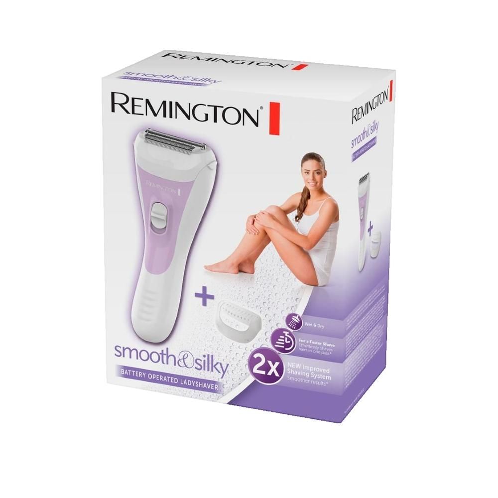 Rasoio da donna, lilla e bianco. Marchio Remington. Interruttore on/off. Testina con tre lame. Design ergonomico.