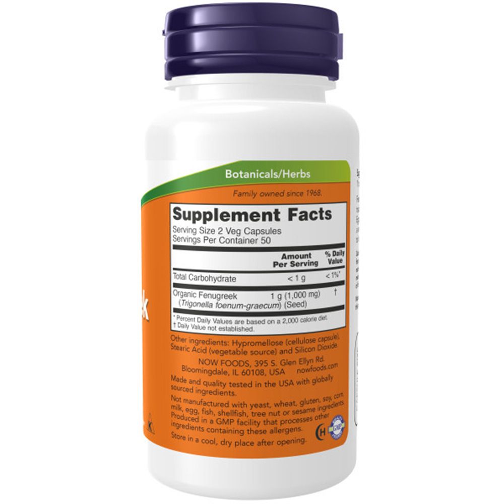 Retro del flacone. Scritta: Supplement Facts, Organic Fenugreek, 1 g. Produttore: NOW FOODS. Ingredienti e informazioni nutrizionali.